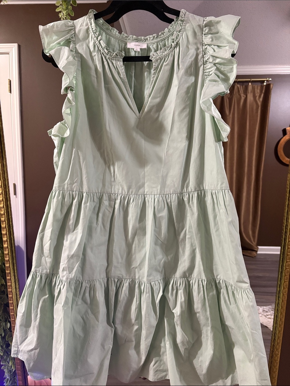 Light Green Ruffle Sleeve Tiered Cotton Dress